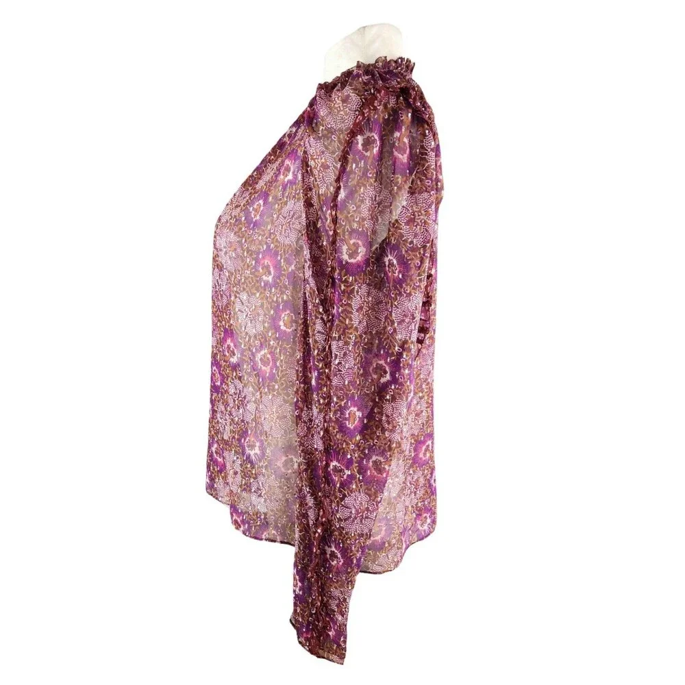 Ulla Johnson Marilla Blouse Silk Floral Sheer Ruffle Metallic Pink Top 8